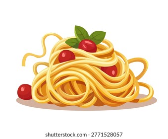 A cartoon vector design shows a serving of pasta with cherry tomatoes and basil leaves. The pasta is arranged in a mound with noodles swirling around each other. Red tomatoes are placed on top, contrasting with the creamy color of the pasta. The basil adds a touch of green to the mix. The entire scene is placed on a plain white background, ensuring focus on the food without distractions. This artwork is simple and clear, suitable for various uses