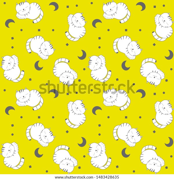 Cartoon vector\
design with sleeping white kittens and moon on a yellow, artistic\
background. Beautiful cover, wrapping and packaging background,\
textile, postcard,\
wallpaper.