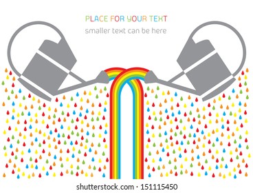 cartoon vector design with two grey watering cans, rainbows and water drops isolated on white background