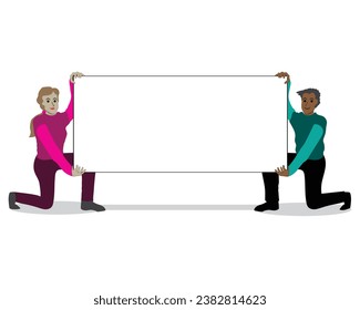 cartoon vector design of two people, namely a man and a woman holding a plain white banner or board in a rectangular shape while half sitting or squatting and facing the front
