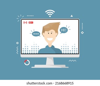 Cartoon vector design, Young man live talking on laptop, Digital marketing illustration.