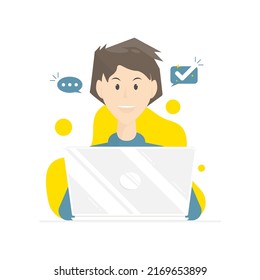 Cartoon vector design, Young man working on laptop, Digital marketing illustration.