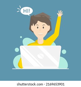 Cartoon vector design, Young man communication on laptop, Digital marketing illustration.