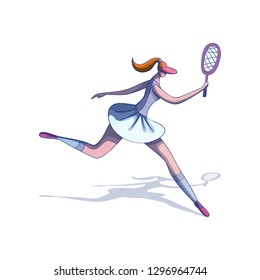 Cartoon vector design of young trendy woman playing tennis. Girl in action with racket in hand