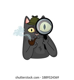 Cartoon vector detective black cat with magnifying glass and pipe for tobacco