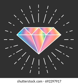 Cartoon vector diamond icon rainbow color isolated on dark background. Shining gem

