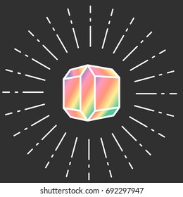 Cartoon vector diamond icon rainbow color isolated on dark background. Shining gem

