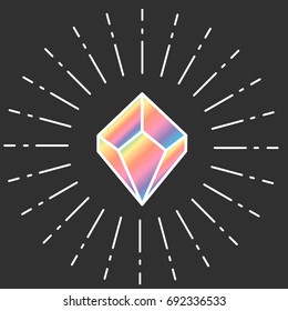 Cartoon vector diamond icon rainbow color isolated on dark background. Shining gem
