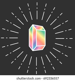 Cartoon vector diamond icon rainbow color isolated on dark background. Shining gem
