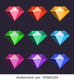 Cartoon vector diamonds icons set in different colors with different shapes 