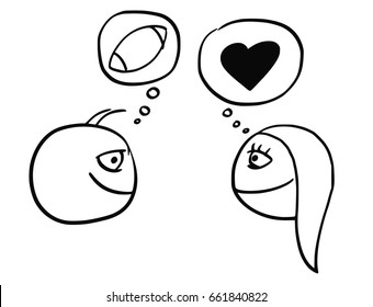 Cartoon vector of difference between man and woman thinking about football rugby ball and heart symbol of love and relationship 