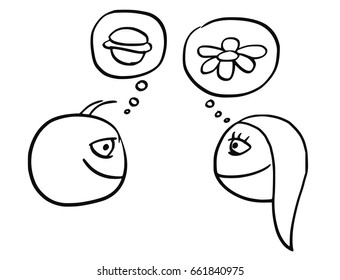 Cartoon vector of difference between man and woman thinking about hamburger burger food and daisy flower 