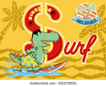 Cartoon vector of dinosaur surfing on palm tree background, surf element illustration