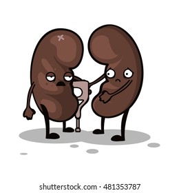 Cartoon vector disease kidneys with cute face. Set of cartoon internal organs character.