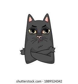 Cartoon vector dissatisfied black cat. cross arms on breast. Funny character design isolated on white background