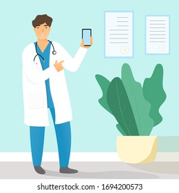 Cartoon vector doctor in uniform with a smartphone in his hand. Online medical consultation. Health insurance