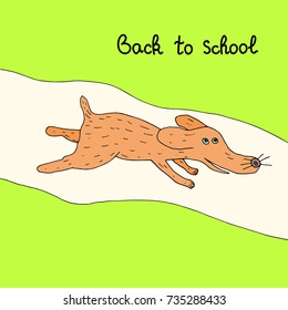 Cartoon vector dog run along the street. Back to school background.