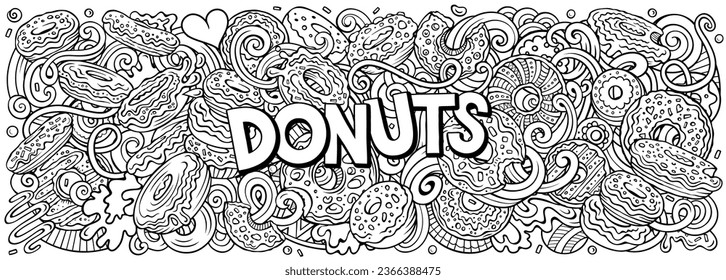 Cartoon vector Donuts doodle illustration features a variety of sweet food objects and symbols. Sketchy whimsical funny picture.