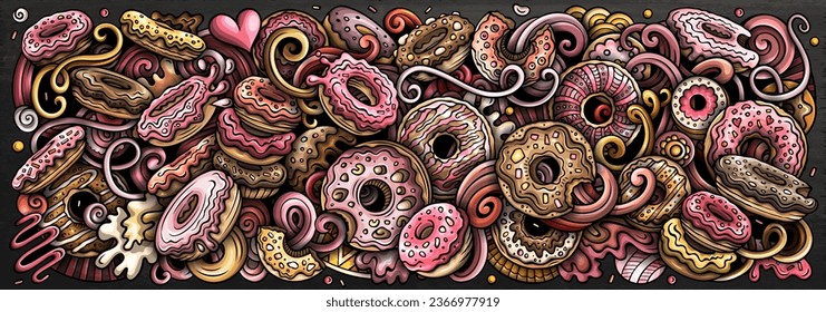 Cartoon vector Donuts doodle illustration features a variety of sweet food objects and symbols. Bright colors whimsical funny picture.