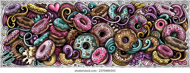 Cartoon vector Donuts doodle illustration features a variety of sweet food objects and symbols. Bright colors whimsical funny picture.
