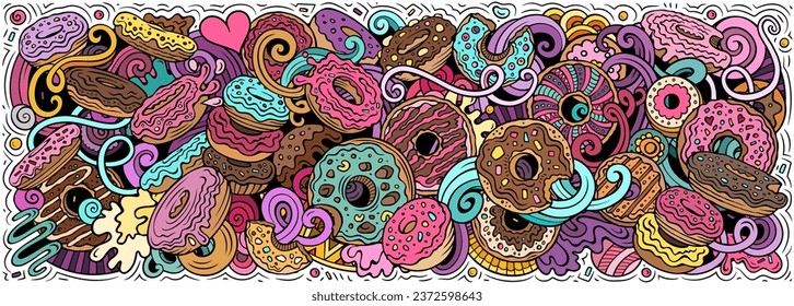 Cartoon Vektorgrafik Donuts doodle Illustration bietet eine Vielzahl von süßen Lebensmittelobjekten und Symbolen. Helle Farben skurriles lustiges Bild.