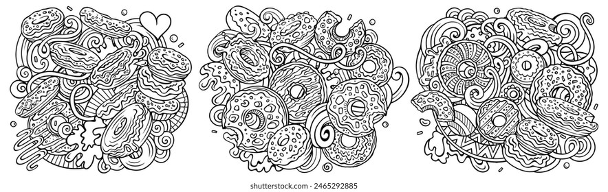 Cartoon vector Donuts doodle illustration features a variety of sweet food objects and symbols set. Sketchy whimsical funny collection
