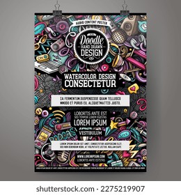 Cartoon vector doodle Audio content poster template. Corporate identity for the use on invitations, placards, cards, presentations. Funny colorful design