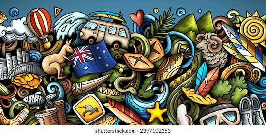 Cartoon, Vektordoodle Australien Hintergrund. Funny Australian Banner Design