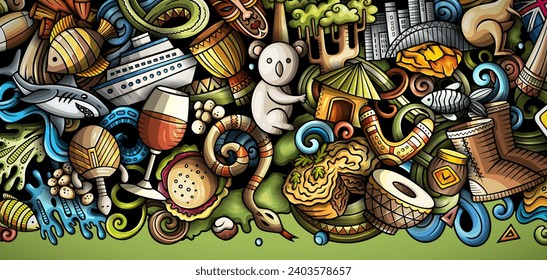 Cartoon vector doodle Australia background. Funny Australian colorful banner design