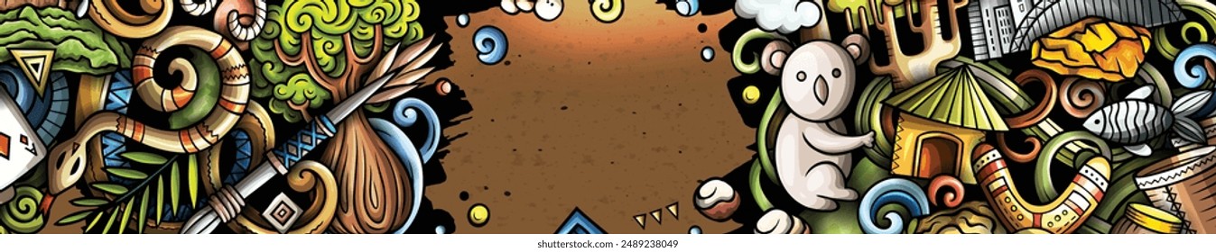 Cartoon vector doodle Australia background. Funny Australian colorful banner design