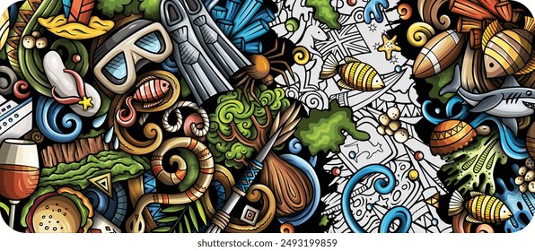 Cartoon vector doodle Australia background. Funny Australian colorful and line art design