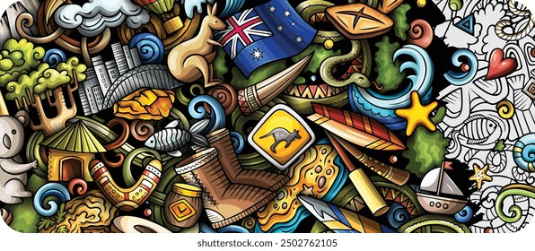 Cartoon vector doodle Australia background. Funny Australian colorful and line art design