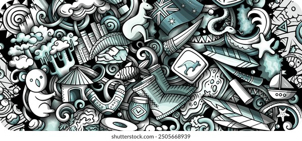 Cartoon vector doodle Australia background. Funny Australian monochrome and line art design