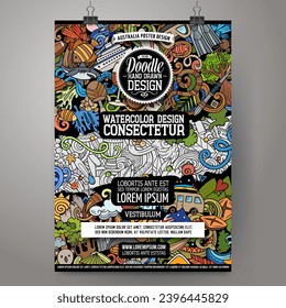 Dibujo vectorial de dibujos animados doodle Australia plantilla de afiches. Identidad corporativa para el uso en invitaciones, carteles, tarjetas, presentaciones. Divertido diseño australiano de arte colorido y lineal