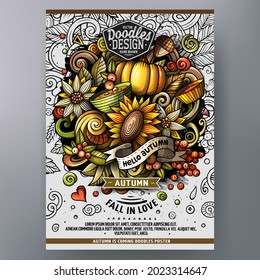 Cartoon vector doodle Autumn poster template. Corporate identity for the use on invitations, placards, cards, presentations. Funny colorful and line art fall design