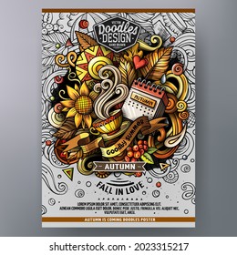 Cartoon vector doodle Autumn poster template. Corporate identity for the use on invitations, placards, cards, presentations. Funny colorful and line art fall design