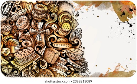 Cartoon vector doodle Bakery banner background. Funny Bakehouse colorful design