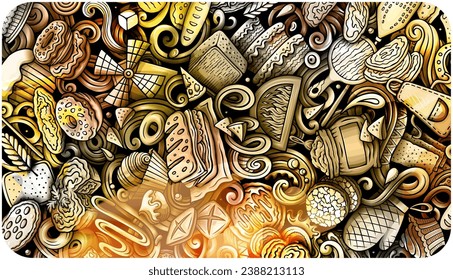 Cartoon vector doodle Bakery banner background. Funny Bakehouse colorful design