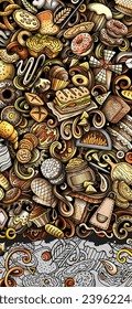 Cartoon vector doodle Bakery banner background. Funny Bakehouse colorful and line art design