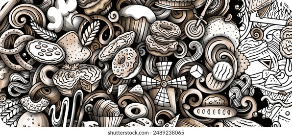 Cartoon vector doodle Bakery banner background. Funny Bakehouse monochrome and line art design