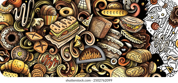 Cartoon vector doodle Bakery banner background. Funny Bakehouse colorful and line art design