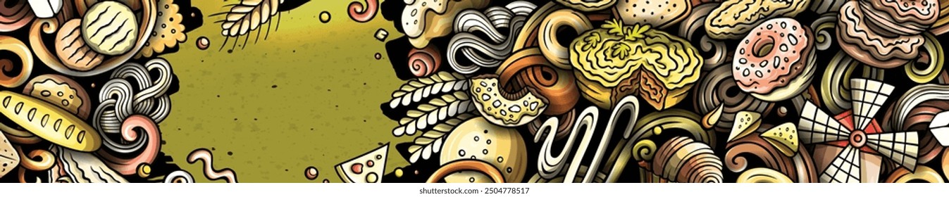 Cartoon vector doodle Bakery banner background. Funny Bakehouse colorful design
