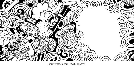 Fondo de Anuncio de Vector de dibujos animados doodle Bakery. Diseño incompleto de la panadería divertida. Dibujado a mano, no AI