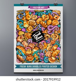 Cartoon vector doodle Bakery poster template. Funny pastries, buns, croissants colorful corporate identity.