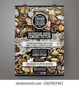 Cartoon vector doodle Bakery poster template. Corporate identity for the use on invitations, placards, cards, presentations. Funny Bakehouse colorful and line art design