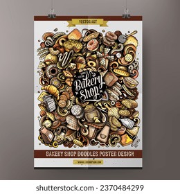 Cartoon vector doodle Bakery poster template. Corporate identity for the use on invitations, placards, cards, presentations. Funny Bakehouse colorful and line art design