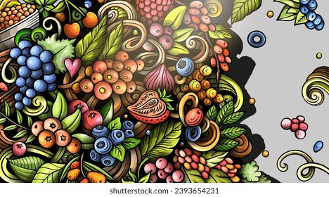 Cartoon vector doodle Berries banner background. Funny Natural food colorful design