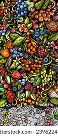 Cartoon vector doodle Berries banner background. Funny Natural food colorful and line art design