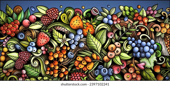 Cartoon vector doodle Berries banner background. Funny Natural food colorful design