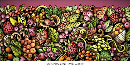 Caricatura vectorial doodle Berries fondo del banner. Gracioso Diseño colorido de comida natural